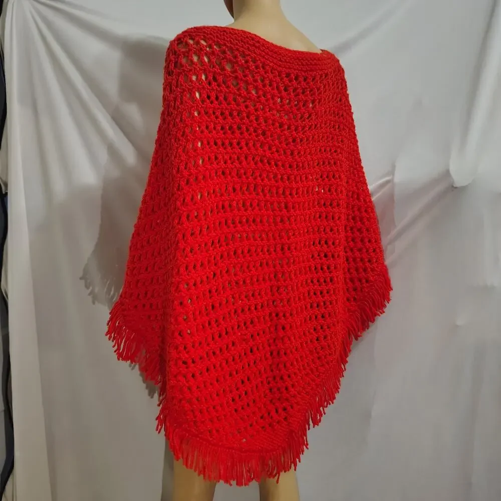 70s Crochet Poncho Red Fringe Boho Festivals Caplet Grannycore Cottagecore Knit